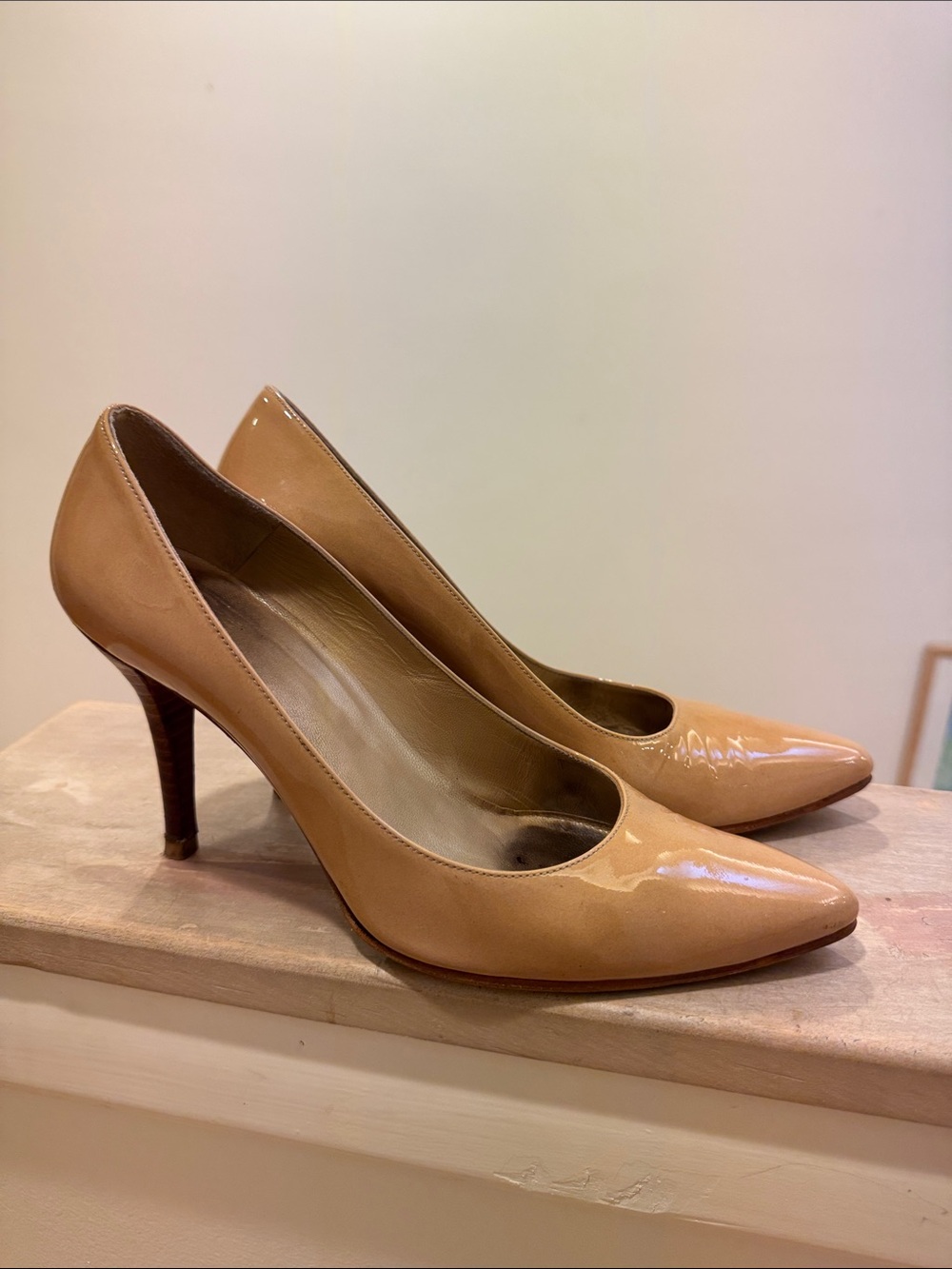 Stuart Weitzman Classic Nude Patent Leather Pointed-Toe Pumps - Women